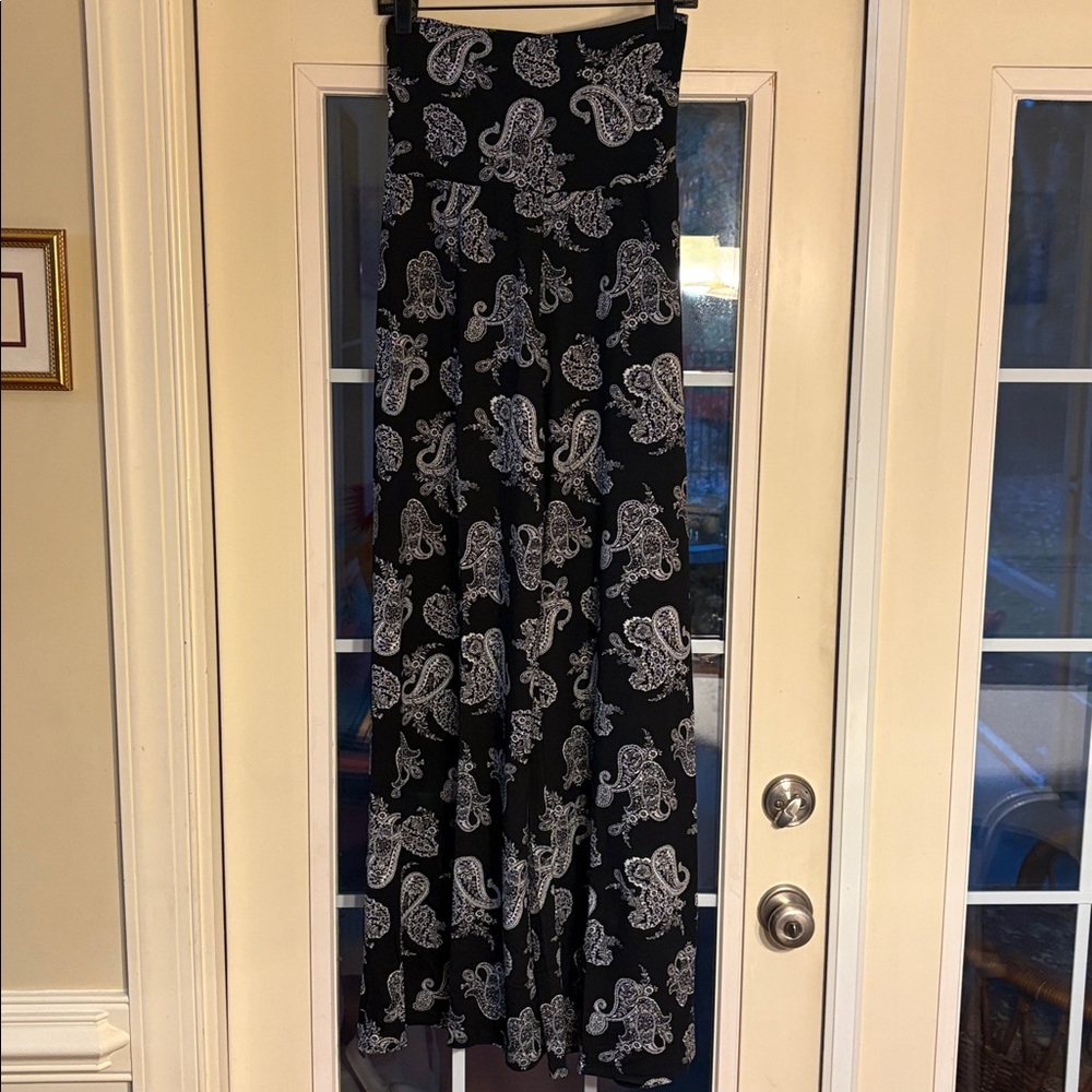 ACTING PRO Pull-On Wide Leg Pant Blk w/ Paisley Print High Waist Boho Coastal
